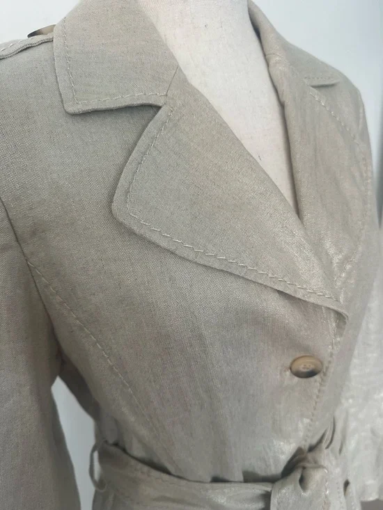 Linen Cotton Blend Metallic Trench Coat Chic Classic Statement Blazer Coat - Picture 3 of 14